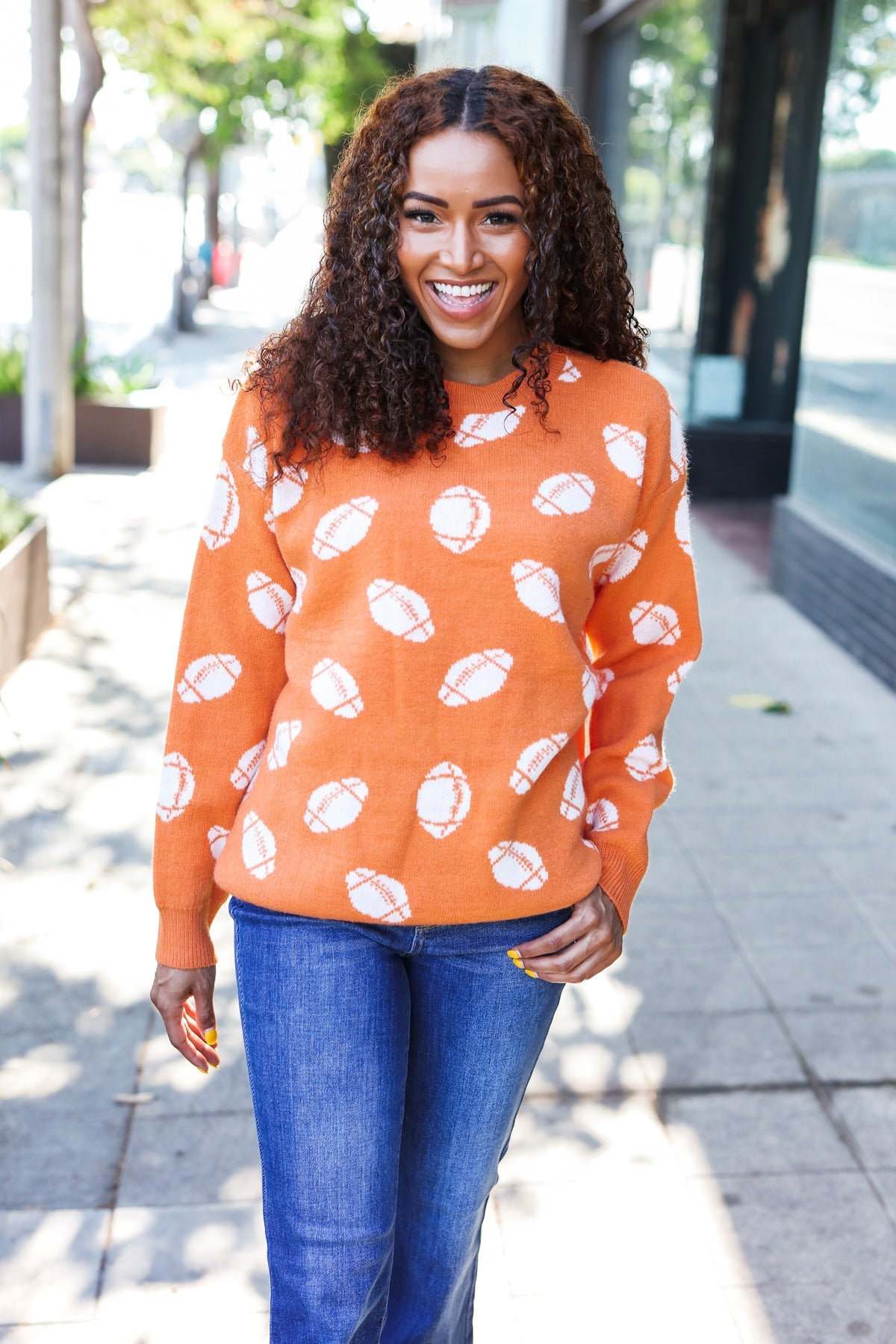 Game Day Orange Football Print Jacquard Knit Sweater