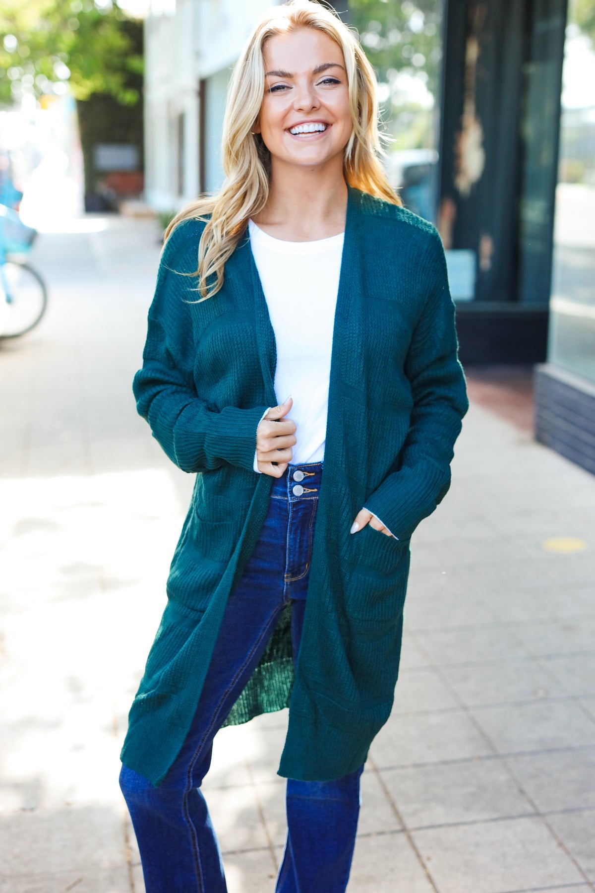 Everyday Hunter Green Striped Knit Open Cardigan